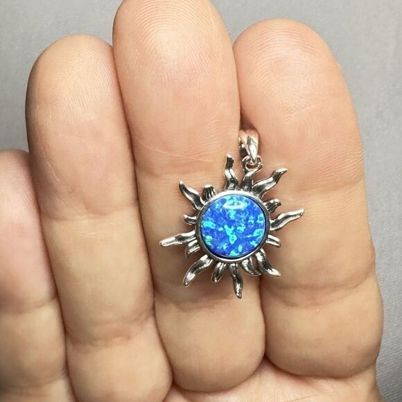 Sterling Silver Sun Pendant w/ Oxidized Finish and Blue Fire Opal 21mm Sunburst - Picture 3 of 6